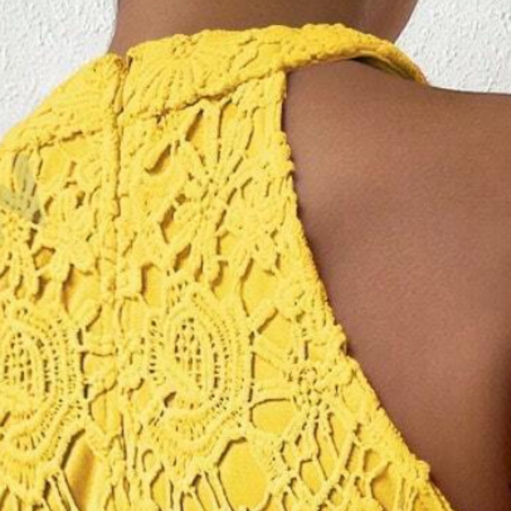 Boho Yellow Floral Lace Halter Mini Dress - Picture 3 of 3